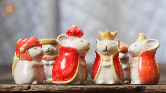 Cute clay mouse figurines in royal crowns and red capes, perfect for crafting and decor